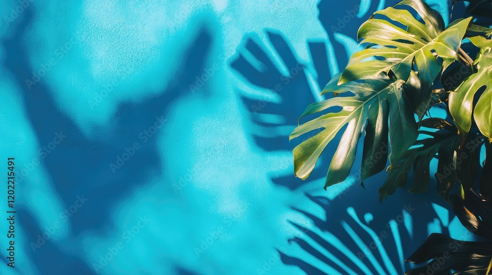 Poster monstera leaf shadows on blue wall with copy space for text and design elements