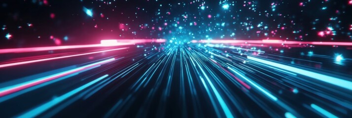 Obraz premium Futuristic neon light streaks and sparkling stars in a digital space concept