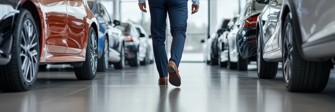 Elegant businessman walking confidently between rows of shiny new cars in a modern dealership showroom, selecting the perfect vehicle that reflects his style and success