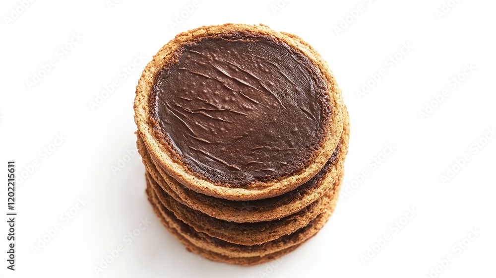 Poster Chocolate topped cookies stacked on a white background with Copy Space for text placement.