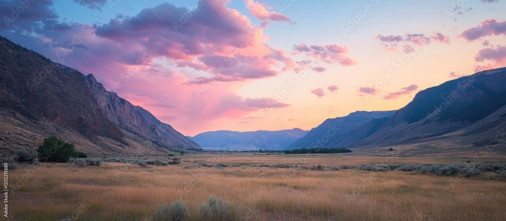 Aufkleber panoramic landscape view of valley at sunset with mountains and colorful clouds under evening sky co