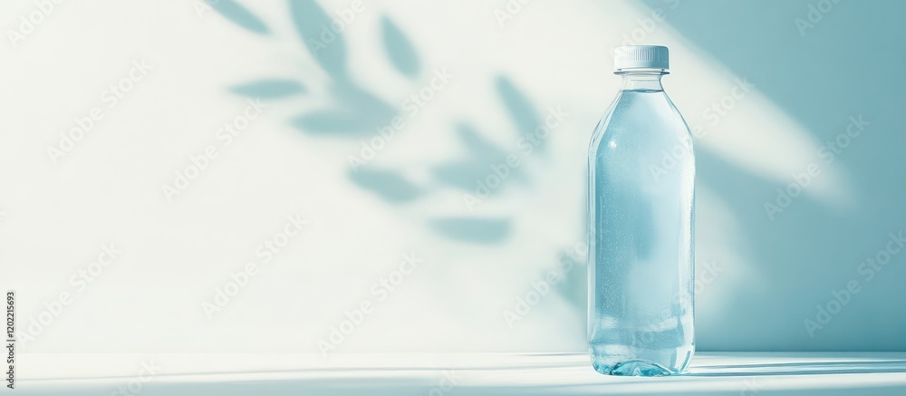 Poster Transparent water bottle with cap casting leaf shadow on light background with ample copy space for text.