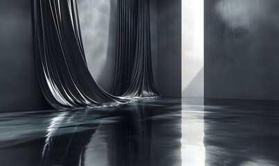 Dramatic Interior with Reflective Floor and Flowing Fabric Curtains in Grey Shades