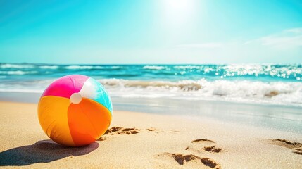 Obraz premium Colorful beach ball on sandy shore with ocean waves and sunny sky in background Copy Space