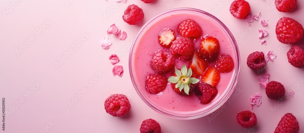 Poster bowl of raspberry yogurt with fresh raspberries and mint leaf on pink background copy space