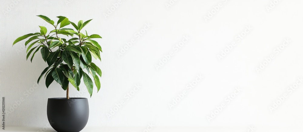Poster potted plant with green leaves on a white background with copy space for text