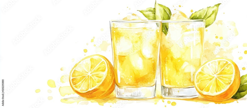 Poster Fresh lemonade in glasses with lemon slices and leaves on a white background with Copy Space