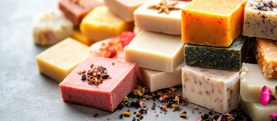 Colorful assortment of artisanal handmade soaps with natural ingredients and floral decorations on a gray background Copy Space