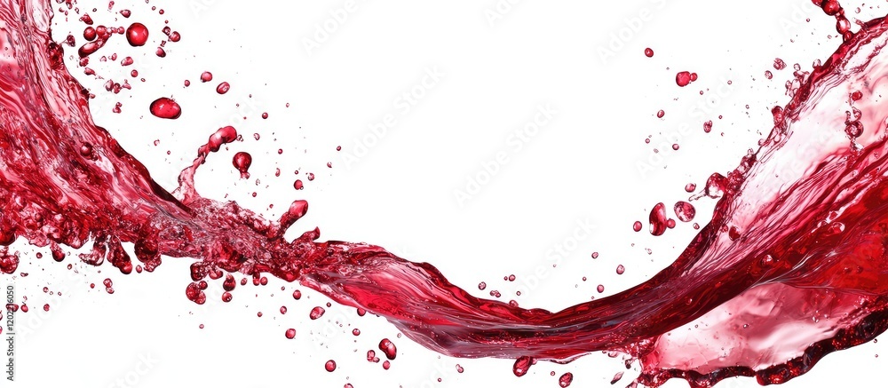 Poster red liquid splash with droplets on white background copy space