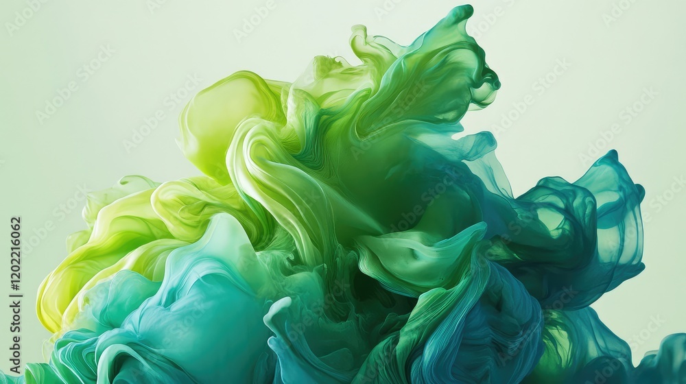 Poster Colorful abstract textile design with green and blue fluid forms on a light background Copy Space