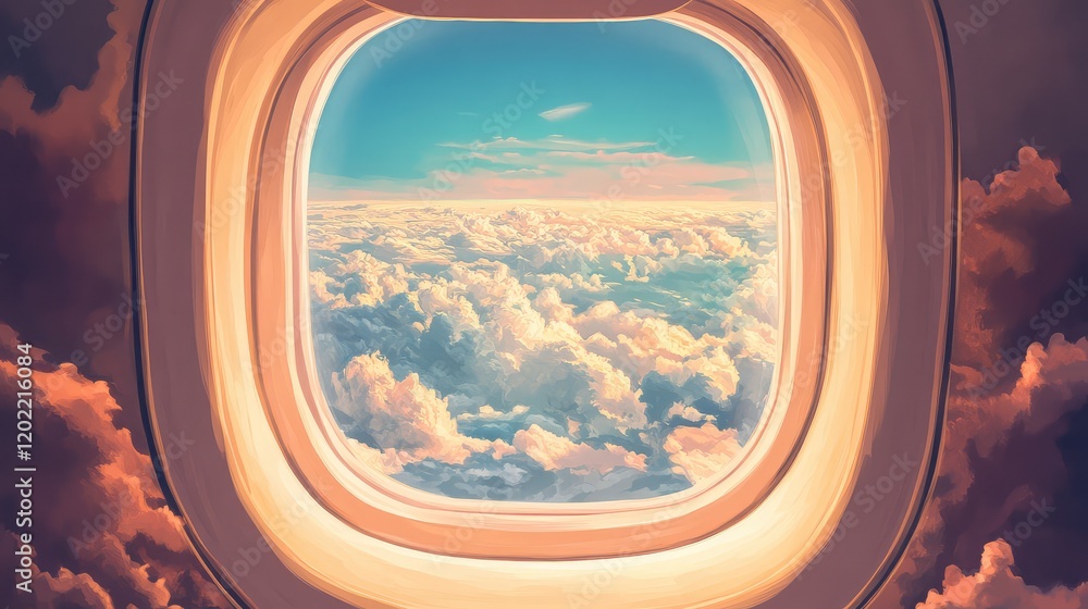 Poster airplane window view overlooking clouds during sunset with vibrant sky and soft pastel colors copy s