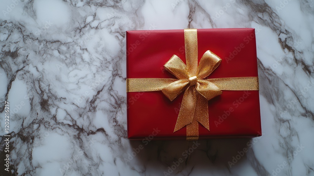 Poster red gift box with gold ribbon on marble background with copy space for text.