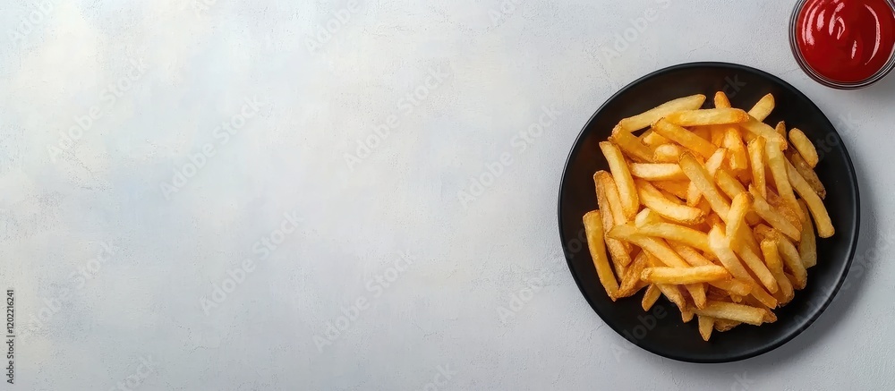 Aufkleber golden french fries on a black plate with a bowl of ketchup on a light background with copy space.
