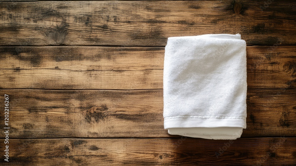Leinwandbilder Clean folded white towel on rustic wooden table background with copy space for text or design elements.