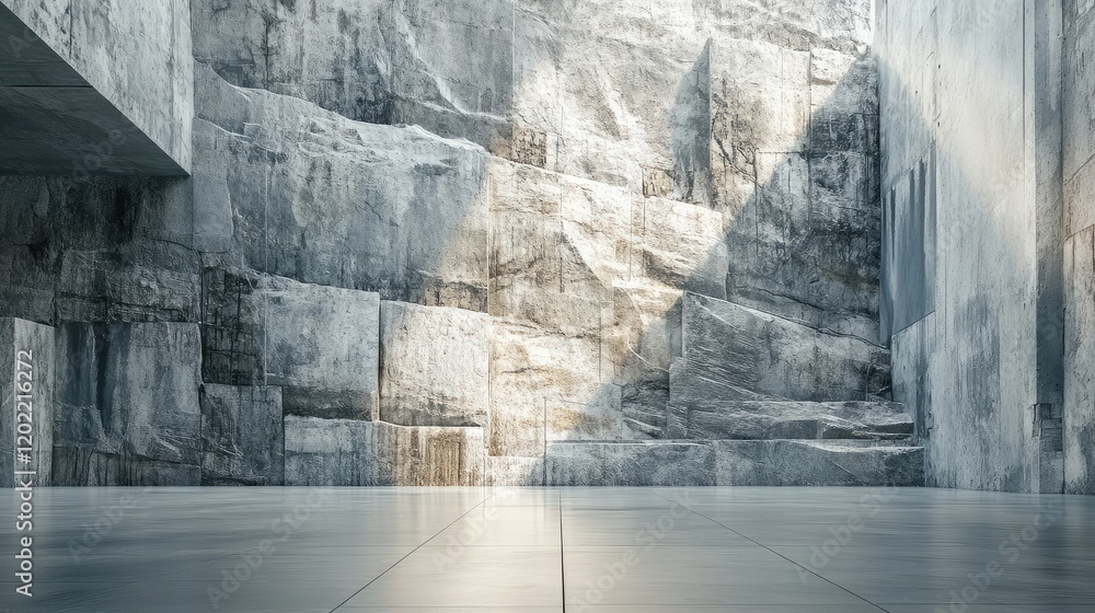 Aufkleber textured stone wall interior with sunlight streaming through, modern minimalist architecture with re