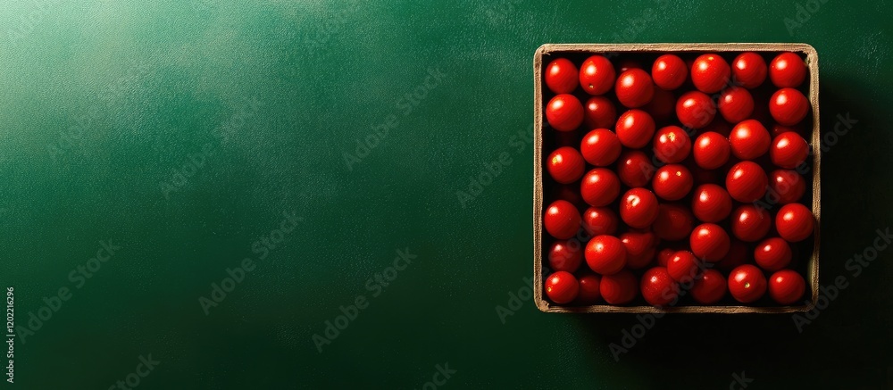 Aufkleber Red cherry tomatoes in a wooden crate on a dark green surface with Copy Space for text placement
