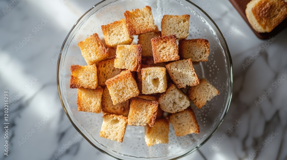 Poster toasted bread cubes in a glass bowl on a marble surface with natural light and copy space for text.