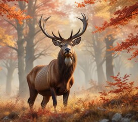 Aesthetic watercolor portrayal of a red deer stag in a tranquil autumn backdrop, backdrop, portrait, tranquil