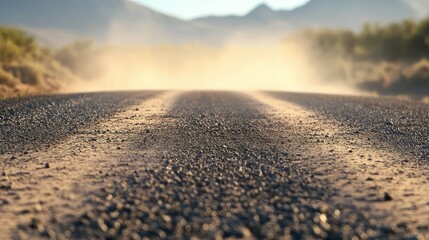 Dusty rural road leading into distance with soft sunlight and mountains in background Copy Space