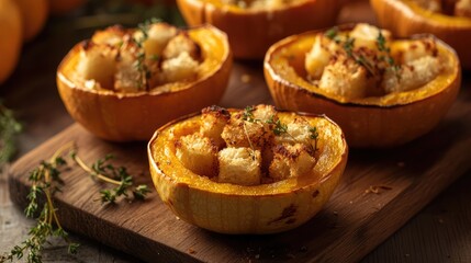 Baked pumpkin halves filled with croutons and herbs on a wooden cutting board with fresh thyme and pumpkin pieces in the background Copy Space