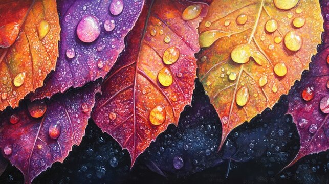Colorful autumn leaves with water droplets on a dark background showcasing vibrant hues and textures Copy Space