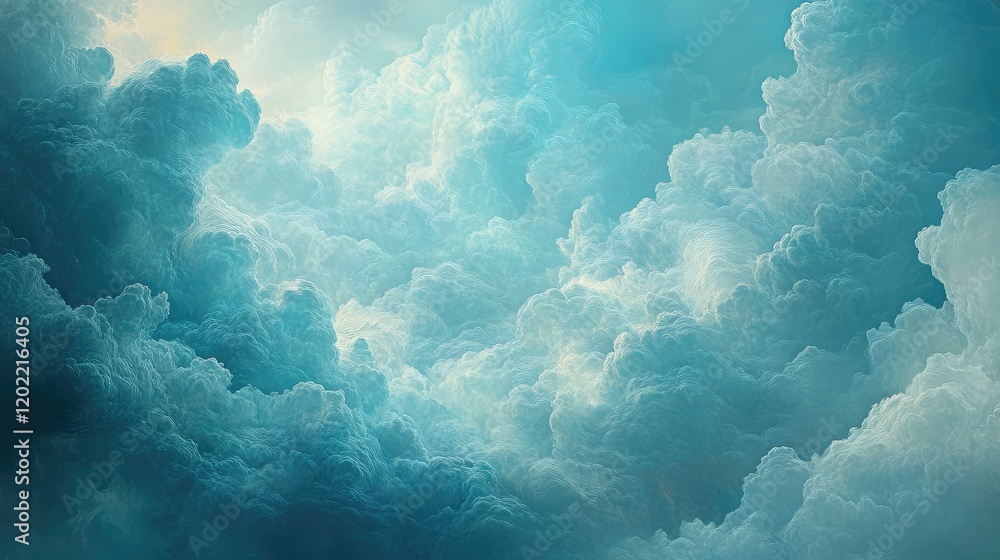 Poster dramatic cloud formations in soft blue tones with ample copy space for text placement