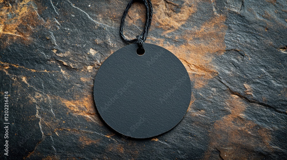 Poster Round black price tag on textured stone background with copy space for branding or pricing information.