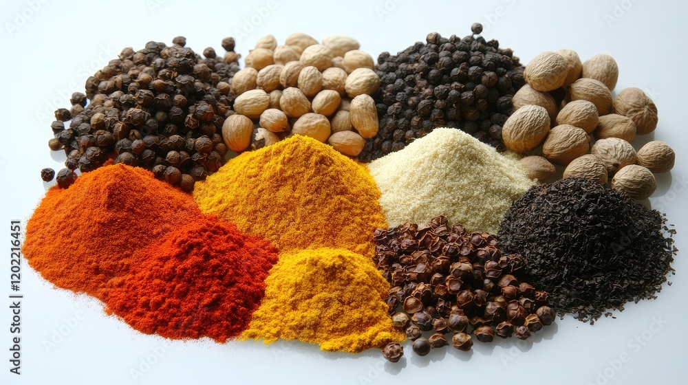 Poster Colorful assortment of various spices and herbs in powdered and whole forms on white background with Copy Space