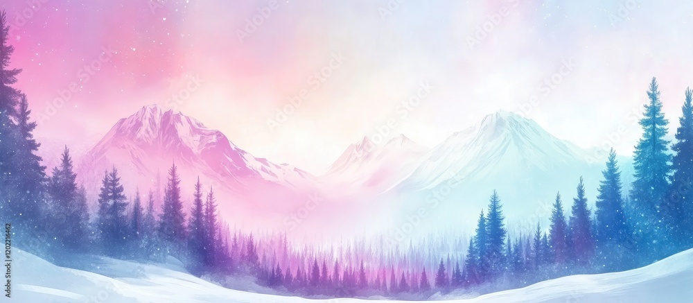 Aufkleber winter landscape with colorful mountain backdrop and evergreen trees, soft pastel gradient sky, copy