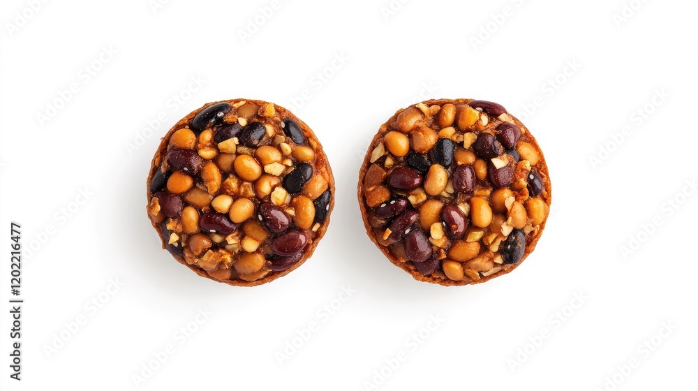 Poster Nut-based snack bars with mixed seeds and beans on white background with Copy Space