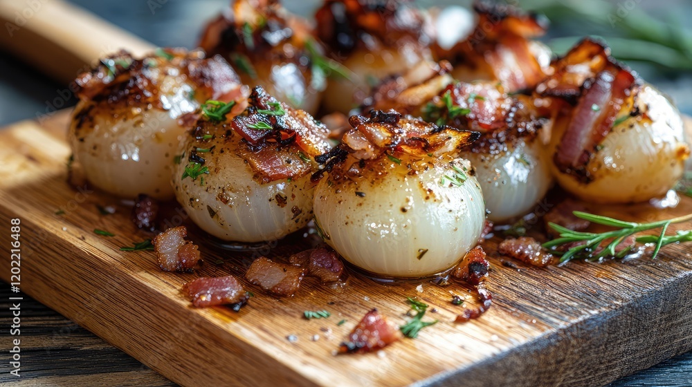 Aufkleber grilled onions wrapped in crispy bacon on a wooden cutting board with herbs and seasoning copy space