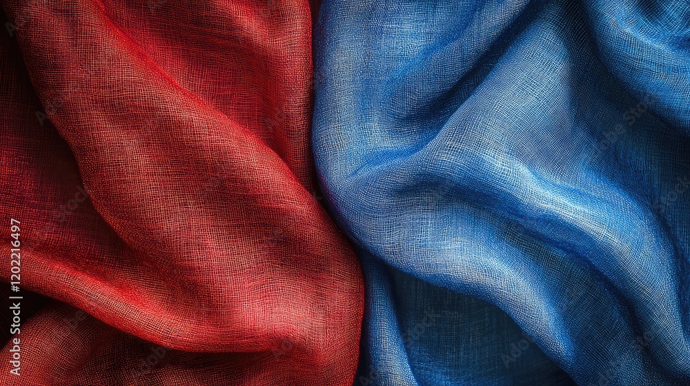 Poster red and blue textured fabric draped background with copy space