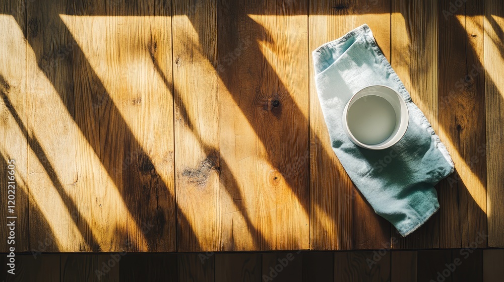 Aufkleber white ceramic bowl on a folded blue napkin on wooden table with shadows and copy space for text