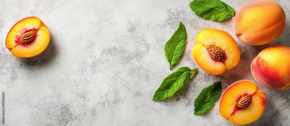 Poster freshly sliced peaches with green mint leaves on a textured gray background with copy space for text