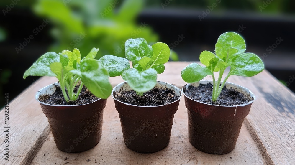 Poster fresh green seedlings in small pots arranged on a wooden surface with blurred natural background and