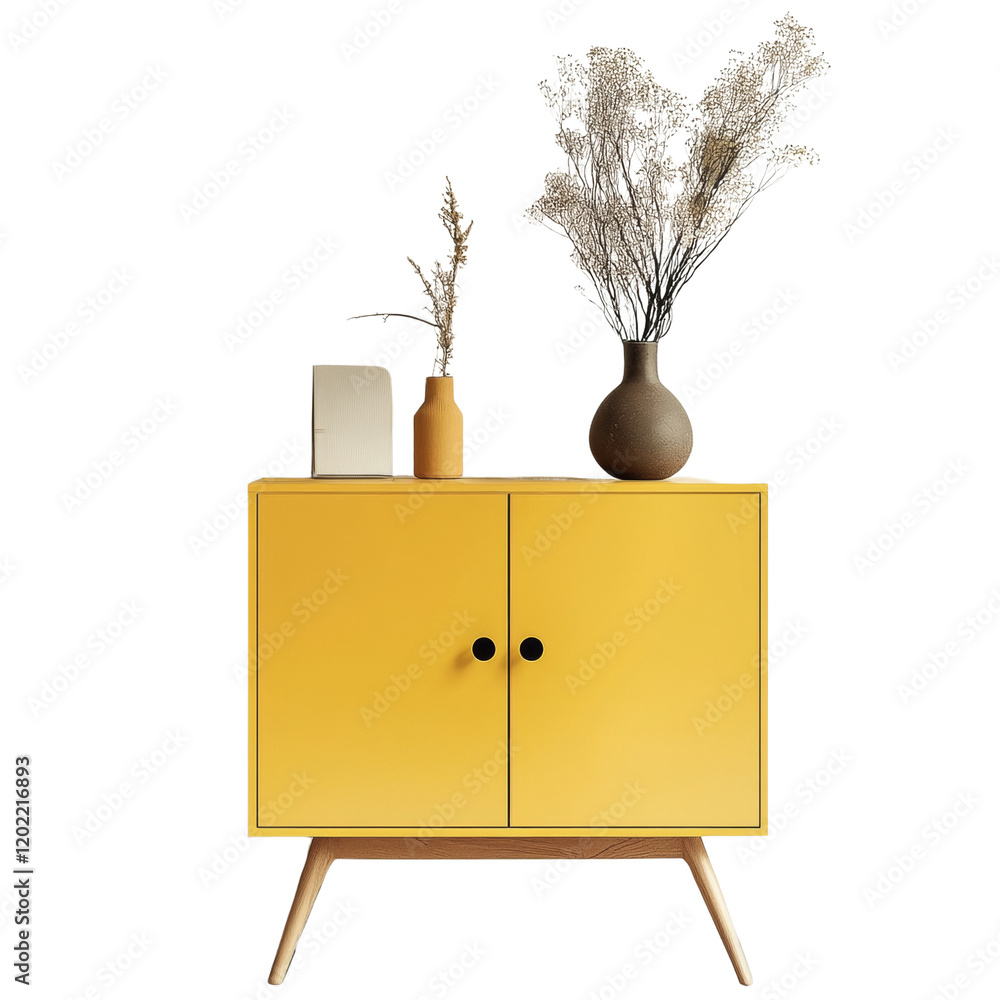 Poster A minimalist styled yellow cabinet features dried flowers in vases and a stack of books adding a touch of natural elegance to the room.