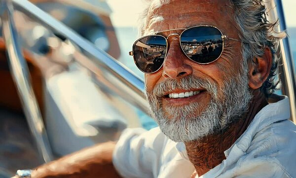 Yacht owner potrait, 58 old while men with shades