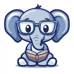 Cute elephant reading book, educational cartoon, white background, children's illustration