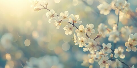 Fototapeta premium Delicate white flowers bloom on branches, illuminated by the soft glow of morning sunlight, enhancing the peaceful ambiance of the garden