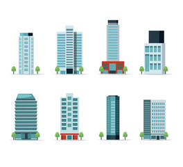 Set of skyscrapers and office buildings in flat style Vector illustration