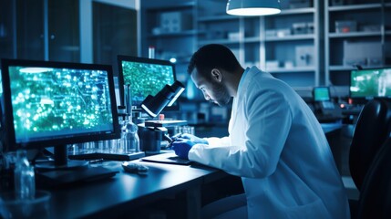 A laboratory technician in a modern microlaboratory, carefully applying reagents to a glass slide under a high-powered microscope, with illuminated bacteria visible on the screen in the background. 