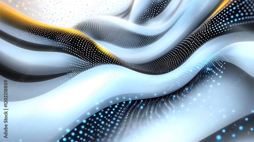 Poster abstract flow of light with smooth waves and dotted patterns in blue, white, and yellow tones create