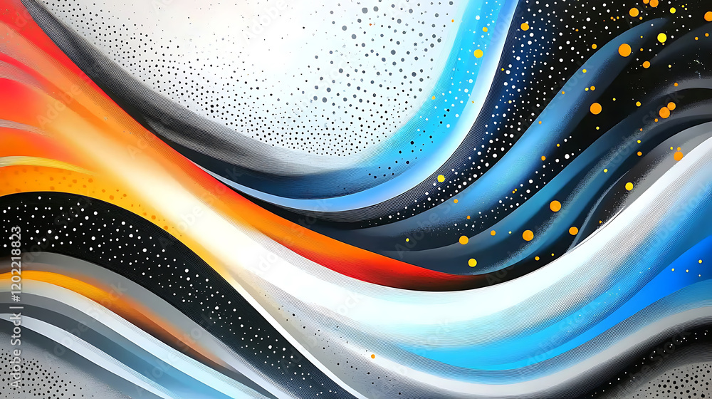 Poster vibrant abstract art featuring flowing waves in red, blue, and black, with dotted patterns creating 