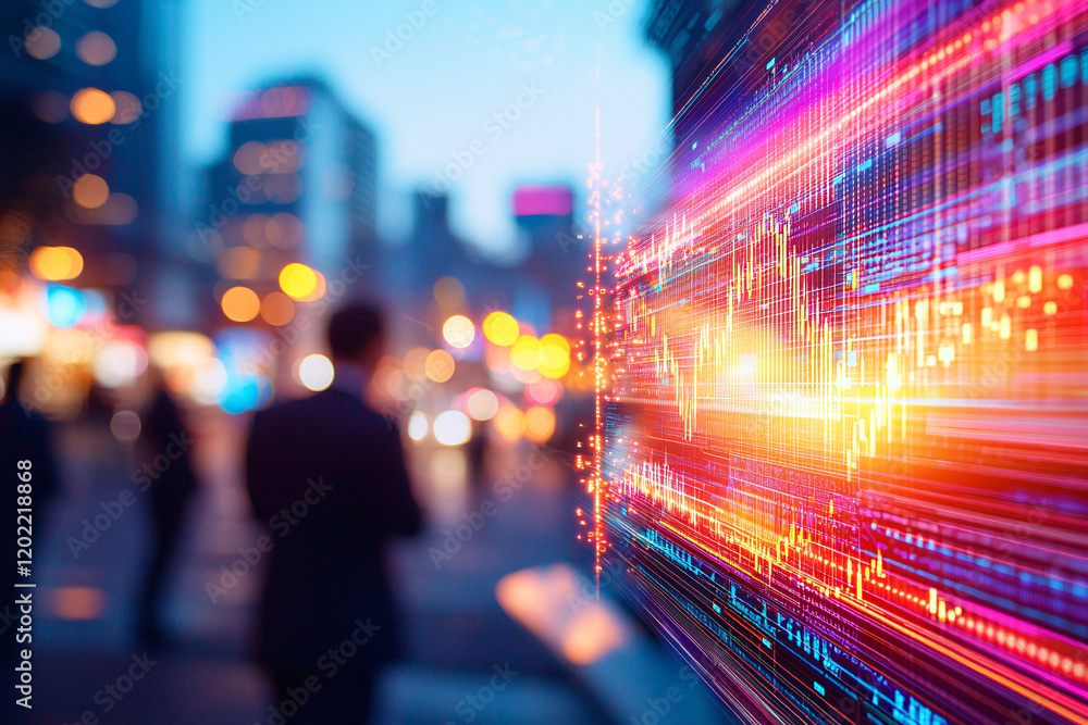 Poster dynamic stock market data visualization with city backdrop, showcasing vibrant graphs and lights. im