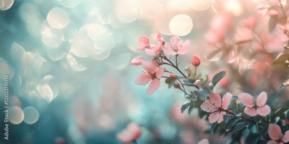 Poster delicate pink flowers bloom on branches as soft sunlight filters through, creating a calming and vib