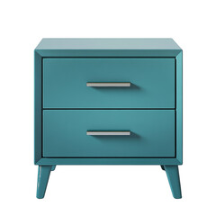A modern teal-colored nightstand with two drawers and tapered legs is shown against a white background.