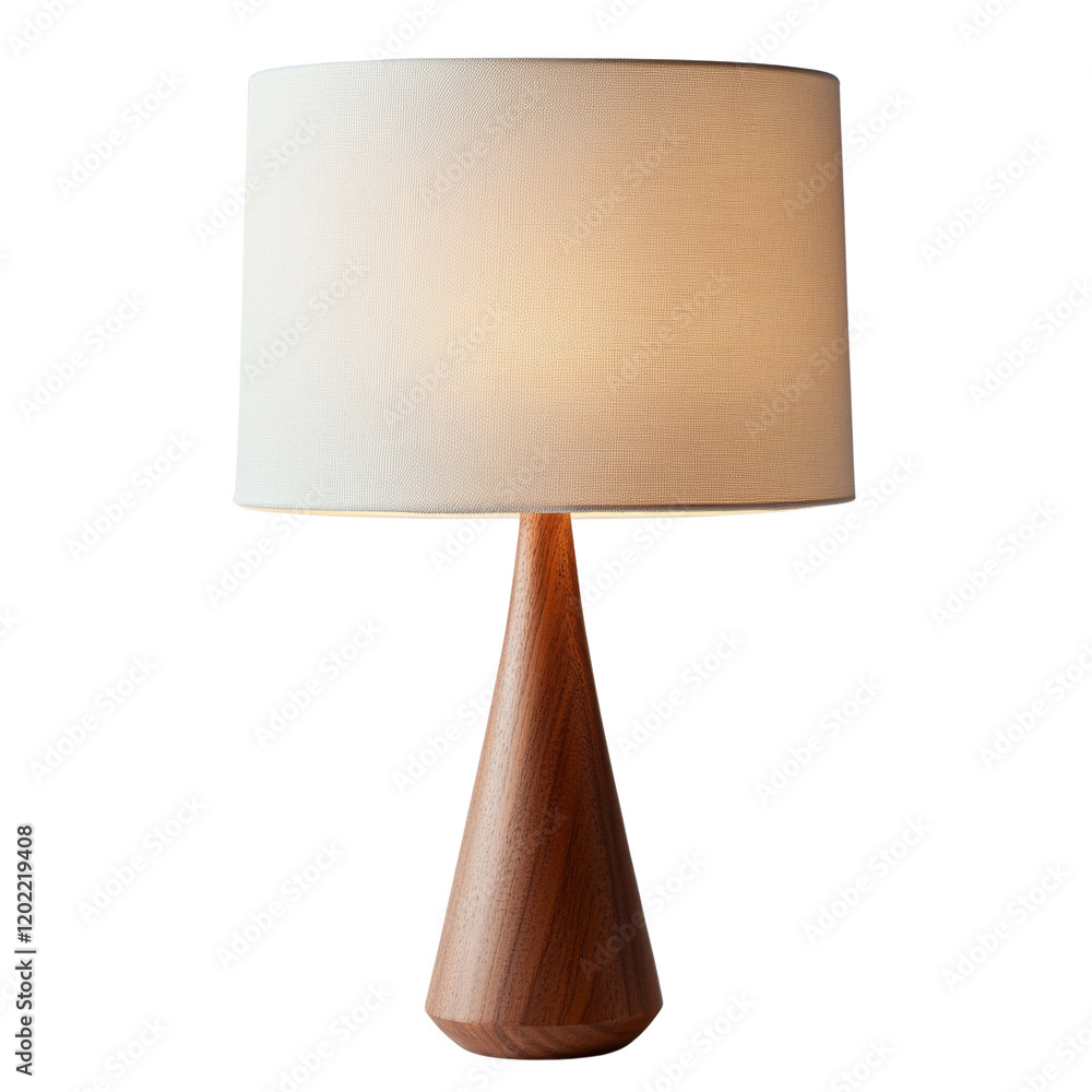 Poster A modern table lamp with a white fabric shade and a sleek wooden base is shown illuminated against a neutral background.