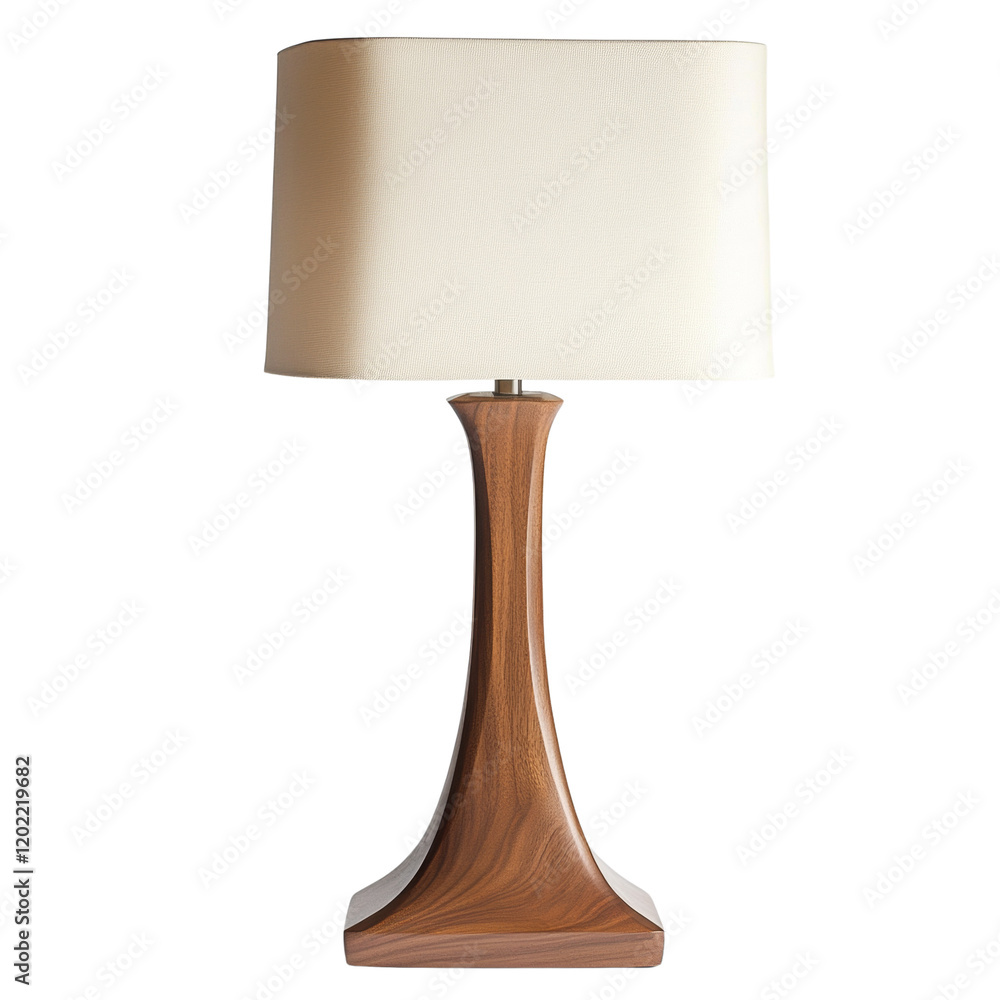 Aufkleber a modern wooden table lamp with a rectangular off-white shade sits on a plain white background.