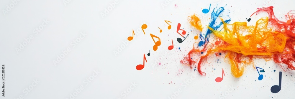 Aufkleber Colorful music notes exploding from a vibrant bundle of yarn on a clean white background, creating a dynamic and artistic representation of musical expression