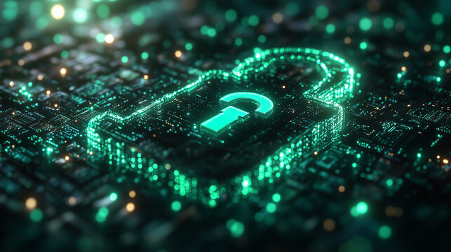 Secure email glowing green with a lock icon overlay, minimalist design. Bright lighting, contrast